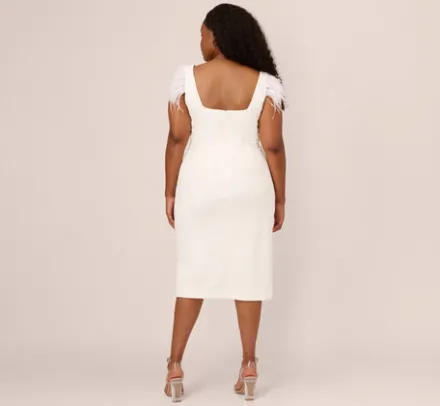 Adrianna Papell Petite-Friendly|Formal Dresses*Plus Size Knit Crepe Midi Dress With Feather Shoulder Accents In