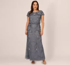 Adrianna Papell Wedding Guest Dresses|Formal Dresses*Plus Size Long Beaded Blouson Dress In Dusty Blue