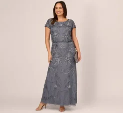 Adrianna Papell Wedding Guest Dresses|Formal Dresses*Plus Size Long Beaded Blouson Dress In Dusty Blue