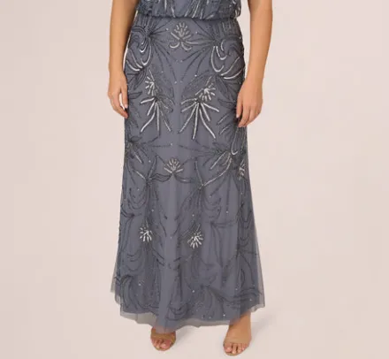Adrianna Papell Wedding Guest Dresses|Formal Dresses*Plus Size Long Beaded Blouson Dress In Dusty Blue