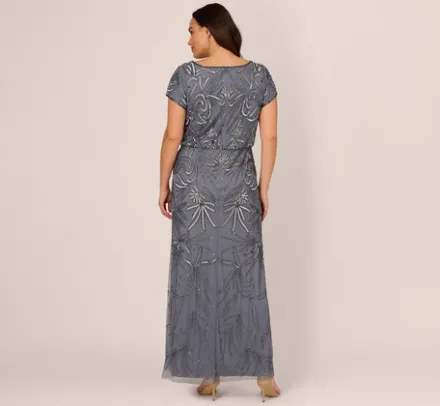 Adrianna Papell Wedding Guest Dresses|Formal Dresses*Plus Size Long Beaded Blouson Dress In Dusty Blue