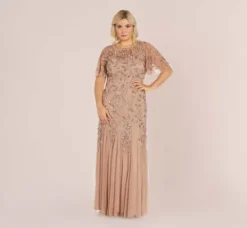 Adrianna Papell Wedding Guest Dresses|Formal Dresses*Plus Size Long Floral Beaded Gown With Flutter Sleeves In Rose Gold