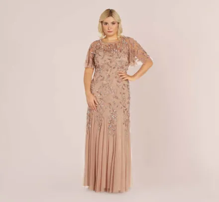 Adrianna Papell Wedding Guest Dresses|Formal Dresses*Plus Size Long Floral Beaded Gown With Flutter Sleeves In Rose Gold