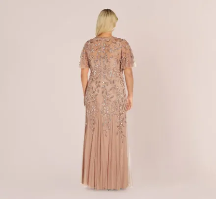 Adrianna Papell Wedding Guest Dresses|Formal Dresses*Plus Size Long Floral Beaded Gown With Flutter Sleeves In Rose Gold