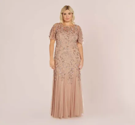 Adrianna Papell Wedding Guest Dresses|Formal Dresses*Plus Size Long Floral Beaded Gown With Flutter Sleeves In Rose Gold