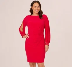 Adrianna Papell Wedding Guest Dresses|Day Dresses*Plus Size Long Sleeve Draped Jersey Dress With Beaded Cuffs In Hot Ruby
