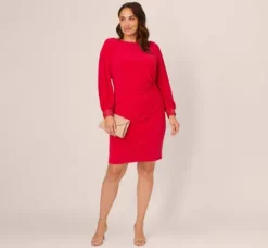 Adrianna Papell Wedding Guest Dresses|Day Dresses*Plus Size Long Sleeve Draped Jersey Dress With Beaded Cuffs In Hot Ruby