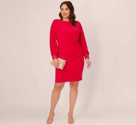 Adrianna Papell Wedding Guest Dresses|Day Dresses*Plus Size Long Sleeve Draped Jersey Dress With Beaded Cuffs In Hot Ruby