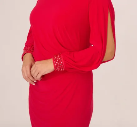 Adrianna Papell Wedding Guest Dresses|Day Dresses*Plus Size Long Sleeve Draped Jersey Dress With Beaded Cuffs In Hot Ruby