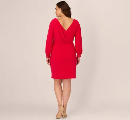Adrianna Papell Wedding Guest Dresses|Day Dresses*Plus Size Long Sleeve Draped Jersey Dress With Beaded Cuffs In Hot Ruby