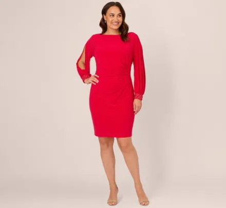 Adrianna Papell Wedding Guest Dresses|Day Dresses*Plus Size Long Sleeve Draped Jersey Dress With Beaded Cuffs In Hot Ruby