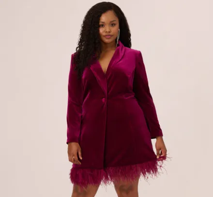 Adrianna Papell Wedding Guest Dresses|Formal Dresses*Plus Size Long Sleeve Velvet Tuxedo Dress With Feather Hem In
