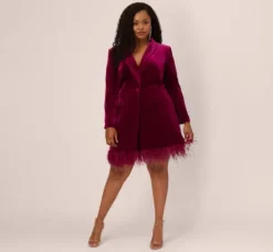 Adrianna Papell Wedding Guest Dresses|Formal Dresses*Plus Size Long Sleeve Velvet Tuxedo Dress With Feather Hem In
