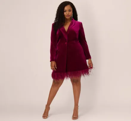 Adrianna Papell Wedding Guest Dresses|Formal Dresses*Plus Size Long Sleeve Velvet Tuxedo Dress With Feather Hem In