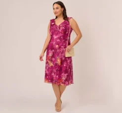 Adrianna Papell Wedding Guest Dresses|Day Dresses*Plus Size Metallic Floral Chiffon Midi Dress With Ruffled Neckline In Raspberry Multi