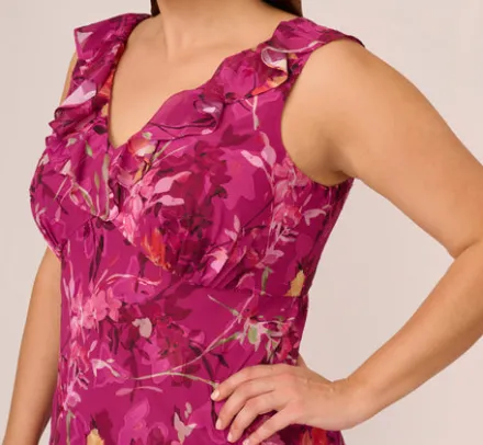 Adrianna Papell Wedding Guest Dresses|Day Dresses*Plus Size Metallic Floral Chiffon Midi Dress With Ruffled Neckline In Raspberry Multi