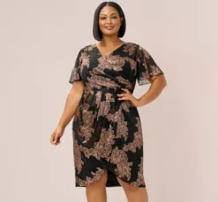 Adrianna Papell Wedding Guest Dresses|Formal Dresses*Plus Size Metallic Foil Crinkled Mesh Midi-Length Wrap Dress In Rose Gold Black