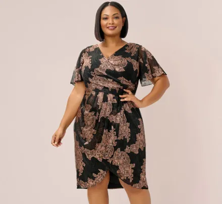 Adrianna Papell Wedding Guest Dresses|Formal Dresses*Plus Size Metallic Foil Crinkled Mesh Midi-Length Wrap Dress In Rose Gold Black