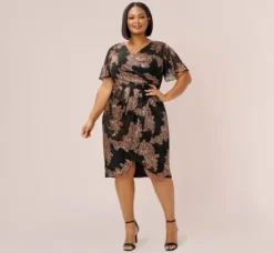 Adrianna Papell Wedding Guest Dresses|Formal Dresses*Plus Size Metallic Foil Crinkled Mesh Midi-Length Wrap Dress In Rose Gold Black