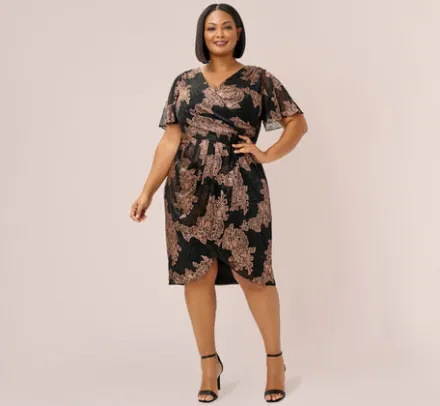 Adrianna Papell Wedding Guest Dresses|Formal Dresses*Plus Size Metallic Foil Crinkled Mesh Midi-Length Wrap Dress In Rose Gold Black