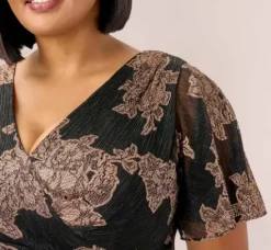 Adrianna Papell Wedding Guest Dresses|Formal Dresses*Plus Size Metallic Foil Crinkled Mesh Midi-Length Wrap Dress In Rose Gold Black