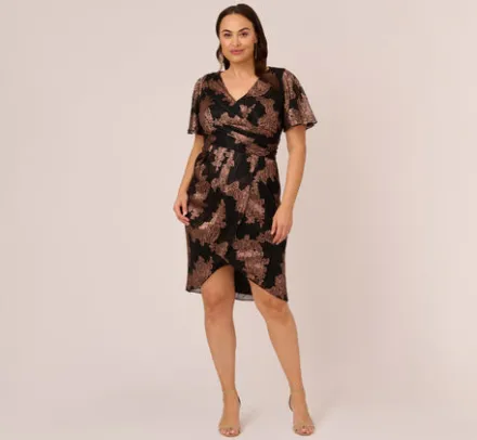 Adrianna Papell Wedding Guest Dresses|Formal Dresses*Plus Size Metallic Foil Crinkled Mesh Midi-Length Wrap Dress In Rose Gold Black