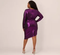 Adrianna Papell Wedding Guest Dresses|Formal Dresses*Plus Size Metallic Knit Long Sleeve Asymmetrical Dress With Ruched Details In Wild Orchid