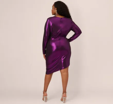 Adrianna Papell Wedding Guest Dresses|Formal Dresses*Plus Size Metallic Knit Long Sleeve Asymmetrical Dress With Ruched Details In Wild Orchid