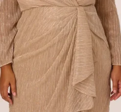 Adrianna Papell Wedding Guest Dresses|Day Dresses*Plus Size Metallic Long Sleeve Dress With Draped Details In Light Gold