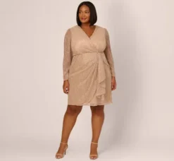 Adrianna Papell Wedding Guest Dresses|Day Dresses*Plus Size Metallic Long Sleeve Dress With Draped Details In Light Gold