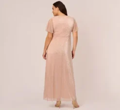 Adrianna Papell Wedding Guest Dresses|Formal Dresses*Plus Size Metallic Mesh Draped Gown In Rose Gold