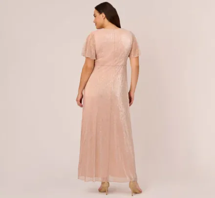 Adrianna Papell Wedding Guest Dresses|Formal Dresses*Plus Size Metallic Mesh Draped Gown In Rose Gold