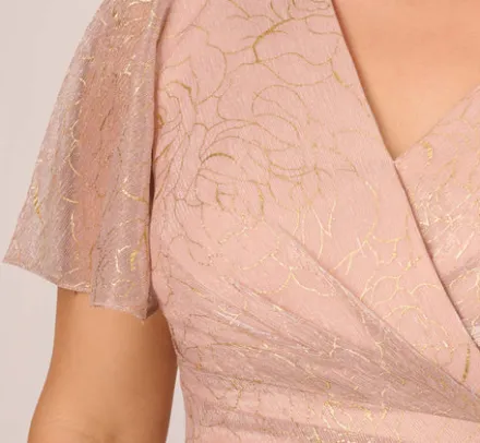 Adrianna Papell Wedding Guest Dresses|Formal Dresses*Plus Size Metallic Mesh Draped Gown In Rose Gold