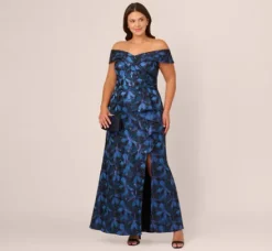 Adrianna Papell Wedding Guest Dresses|Formal Dresses*Plus Size Off Shoulder Jacquard Gown In Blue Multi