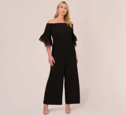 Adrianna Papell Jumpsuits|Formal Dresses*Plus Size Off The Shoulder Crepe Jumpsuit With Organza Sleeves In