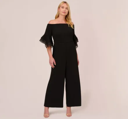 Adrianna Papell Jumpsuits|Formal Dresses*Plus Size Off The Shoulder Crepe Jumpsuit With Organza Sleeves In