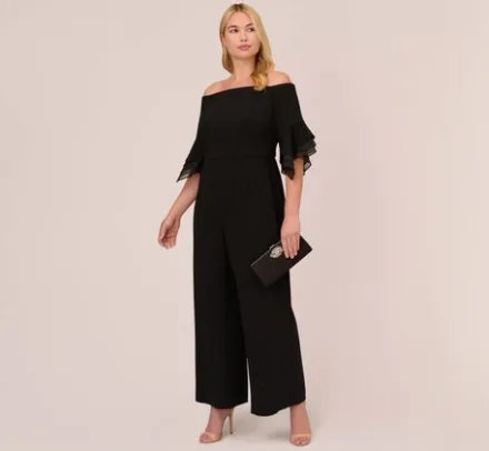 Adrianna Papell Jumpsuits|Formal Dresses*Plus Size Off The Shoulder Crepe Jumpsuit With Organza Sleeves In