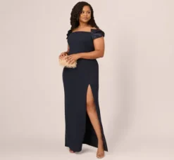Adrianna Papell Wedding Guest Dresses|Formal Dresses*Plus Size Off The Shoulder Crepe Column Gown With Bow Accents In