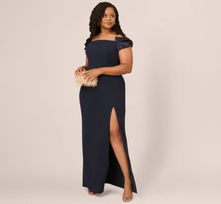 Adrianna Papell Wedding Guest Dresses|Formal Dresses*Plus Size Off The Shoulder Crepe Column Gown With Bow Accents In