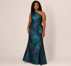 Adrianna Papell Wedding Guest Dresses|Formal Dresses*Plus Size One Shoulder Jacquard Mermaid Gown With Drape Detail In Cobalt Teal