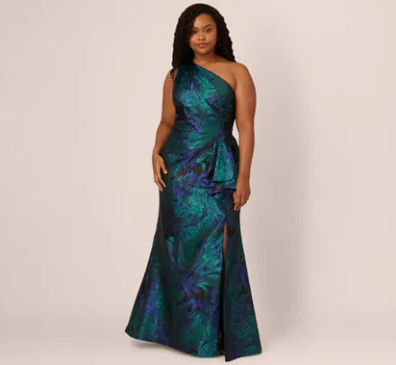 Adrianna Papell Wedding Guest Dresses|Formal Dresses*Plus Size One Shoulder Jacquard Mermaid Gown With Drape Detail In Cobalt Teal
