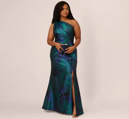 Adrianna Papell Wedding Guest Dresses|Formal Dresses*Plus Size One Shoulder Jacquard Mermaid Gown With Drape Detail In Cobalt Teal