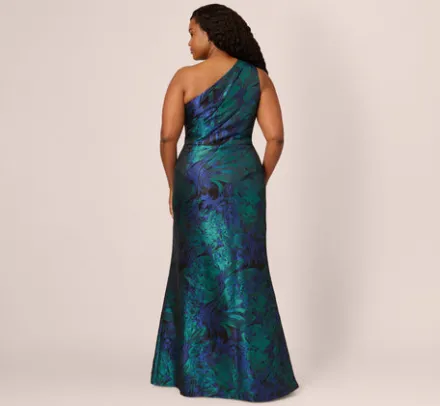 Adrianna Papell Wedding Guest Dresses|Formal Dresses*Plus Size One Shoulder Jacquard Mermaid Gown With Drape Detail In Cobalt Teal