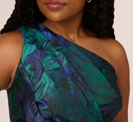 Adrianna Papell Wedding Guest Dresses|Formal Dresses*Plus Size One Shoulder Jacquard Mermaid Gown With Drape Detail In Cobalt Teal