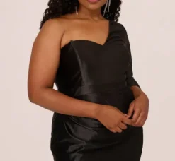Adrianna Papell Wedding Guest Dresses|Petite-Friendly*Plus Size One Shoulder Satin Midi Dress With Three-Quarter Sleeve In
