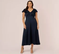 Adrianna Papell Jumpsuits|Day Dresses*Plus Size Satin Crepe Ruffled Cropped Jumpsuit In Dark Navy