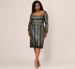 Adrianna Papell Wedding Guest Dresses|Petite-Friendly*Plus Size Sequin Beaded Sheath Dress With Sheer Long Sleeves In Black Blue Multi