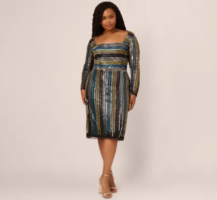 Adrianna Papell Wedding Guest Dresses|Petite-Friendly*Plus Size Sequin Beaded Sheath Dress With Sheer Long Sleeves In Black Blue Multi