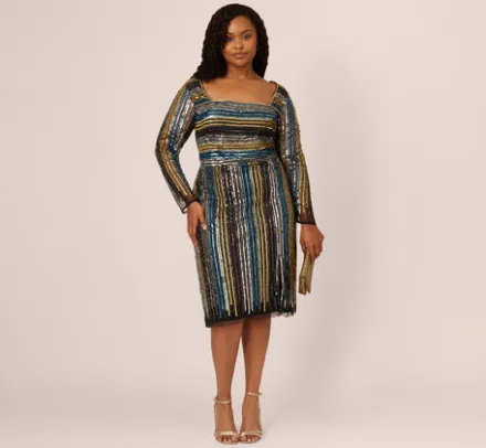Adrianna Papell Wedding Guest Dresses|Petite-Friendly*Plus Size Sequin Beaded Sheath Dress With Sheer Long Sleeves In Black Blue Multi