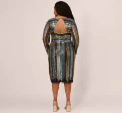 Adrianna Papell Wedding Guest Dresses|Petite-Friendly*Plus Size Sequin Beaded Sheath Dress With Sheer Long Sleeves In Black Blue Multi